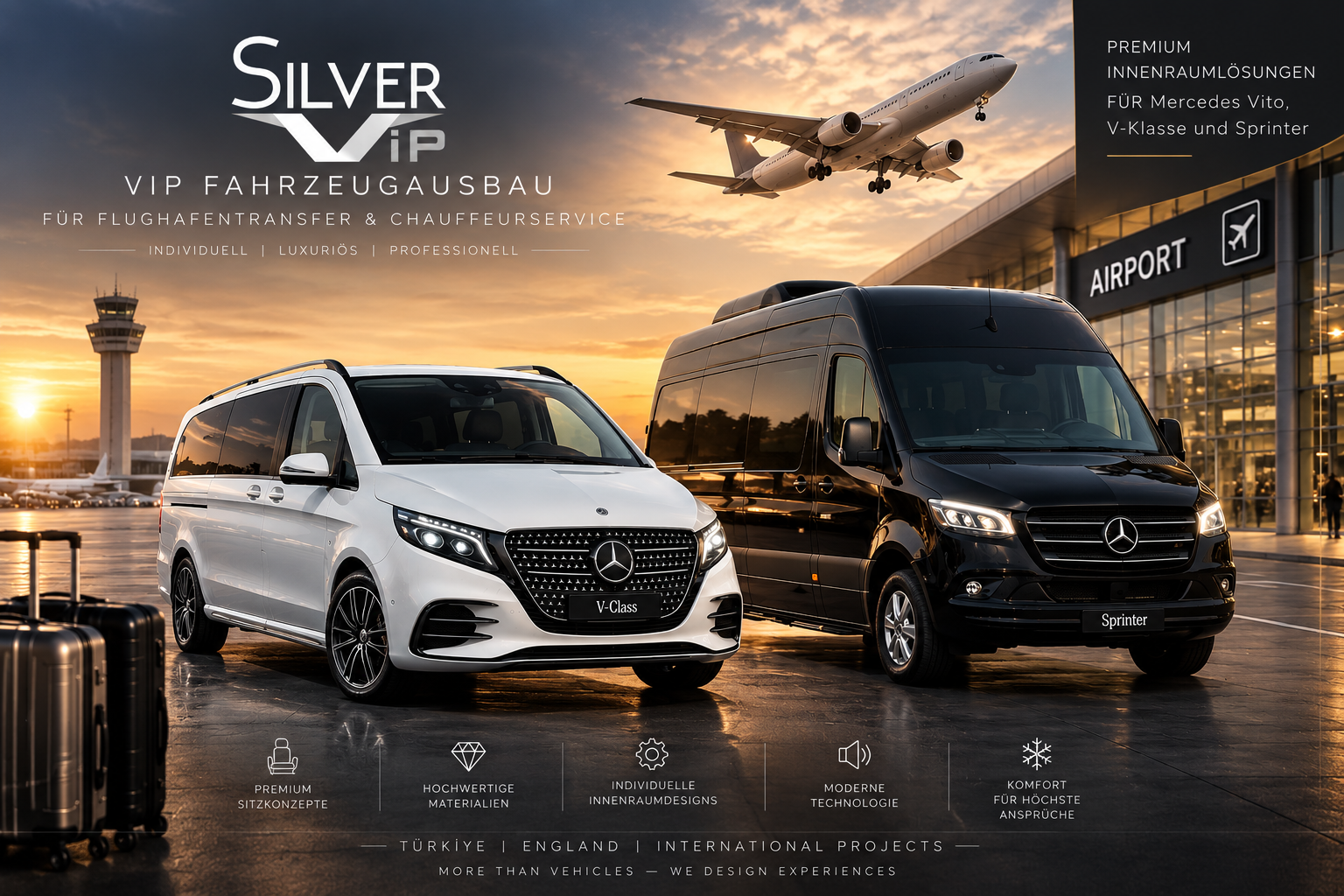 Mercedes VIP Fahrzeuge für Flughafen- und Chauffeurtransfers | Vito, V-Klasse und Sprinter