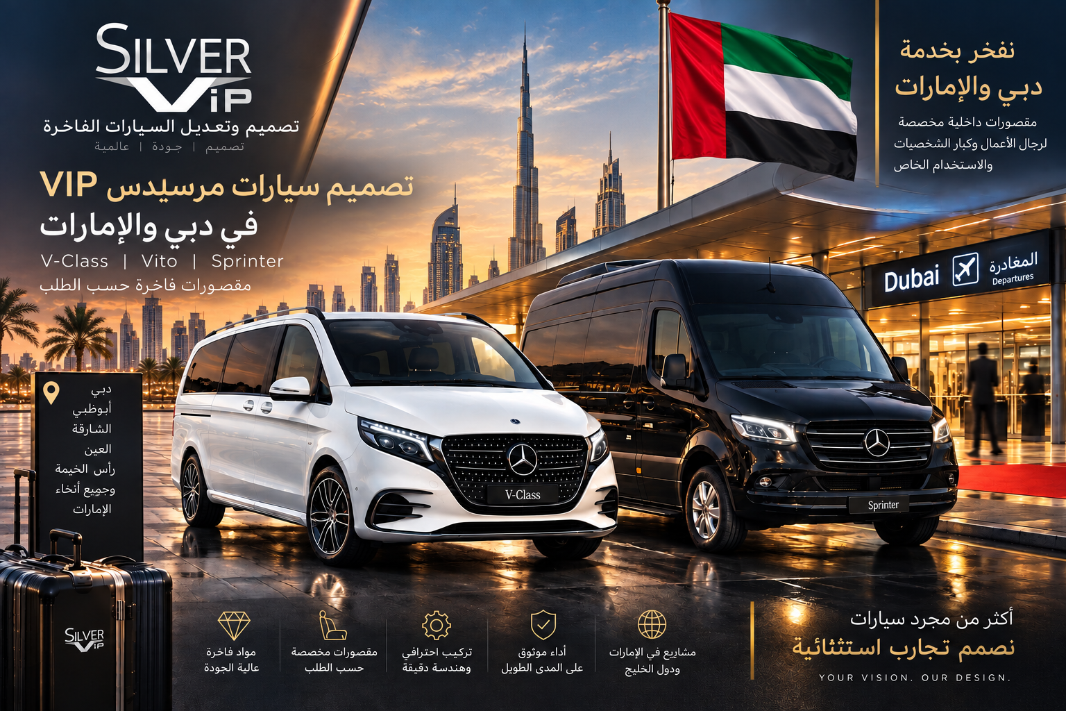 مرسيدس V-Class VIP في دبي للاستخدام الليلي | الإضاءة المحيطية وإضاءة القراءة وراحة الركاب